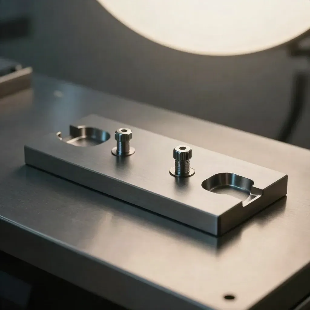 Alu-CNC-Frästeil mit zwei Passdübeln und Frässpänen auf ruhigem Metallgrund.