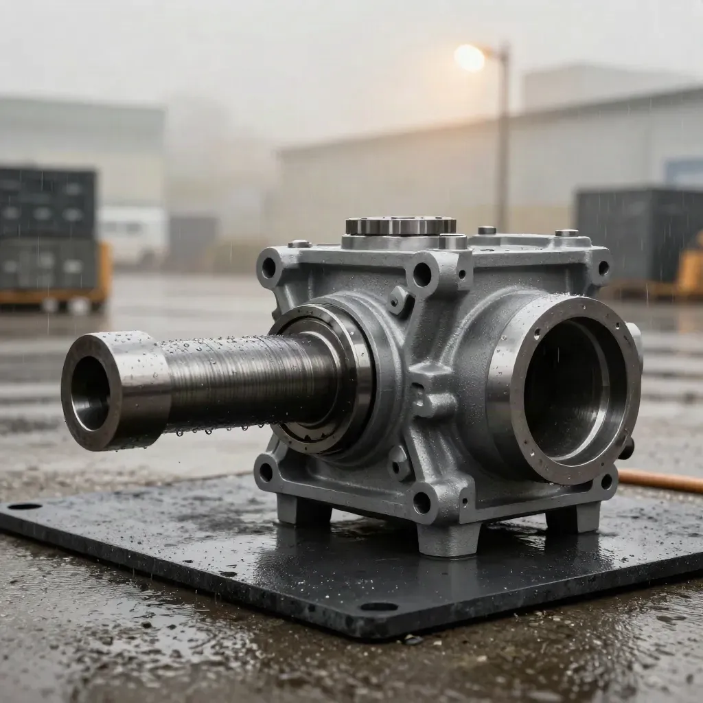 Getriebegehäuse, Welle und Metallteile im nassen Industriehof bei Abendlicht