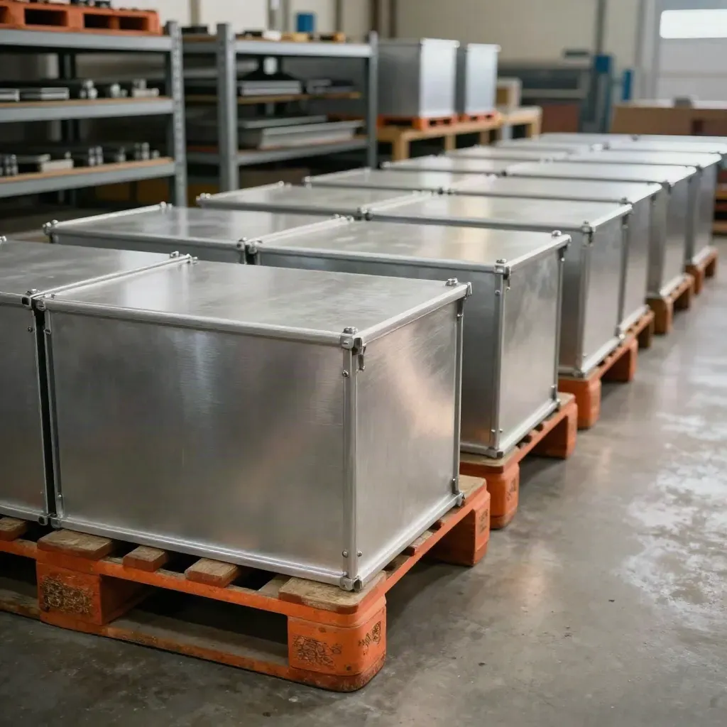 Reihen identischer Aluminiumgehäuse auf orangefarbenen Paletten im hellen Werkstattgang.