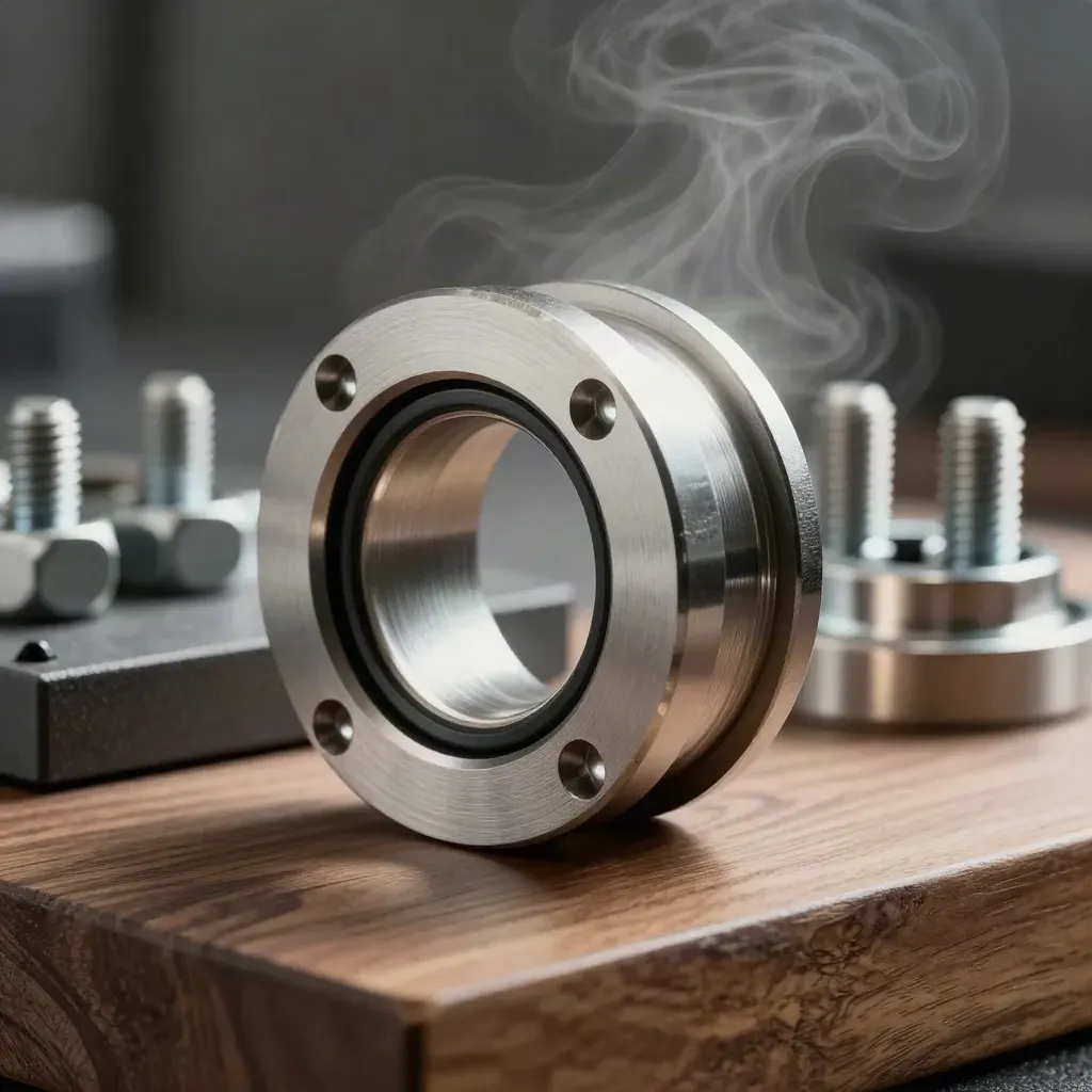 Makro eines Edelstahlflanschs mit Dichtungsring auf warmer Werkbank im Industrielook